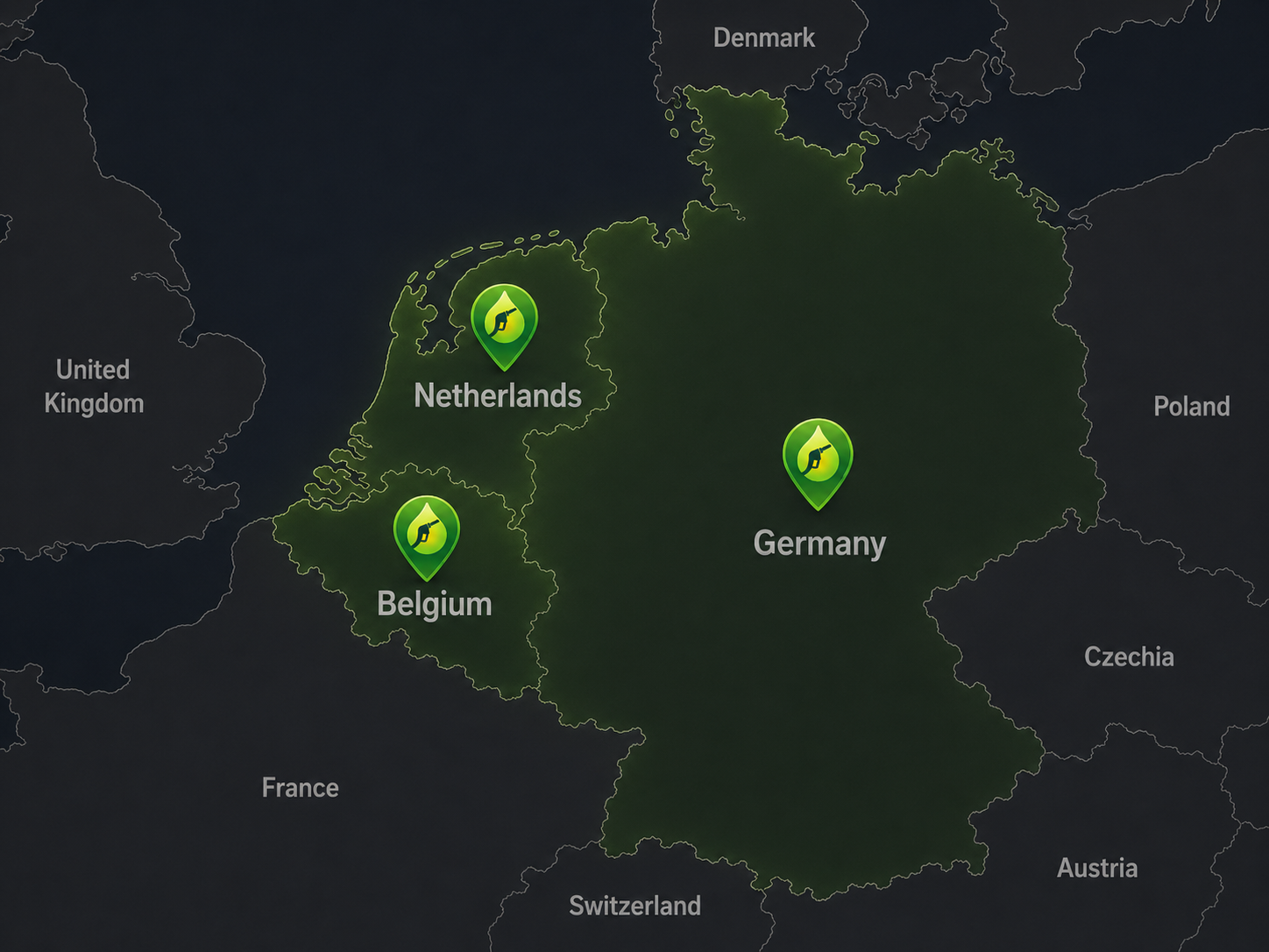 Dark map style showing cross-border routing in Netherlands, Belgium, and Germany